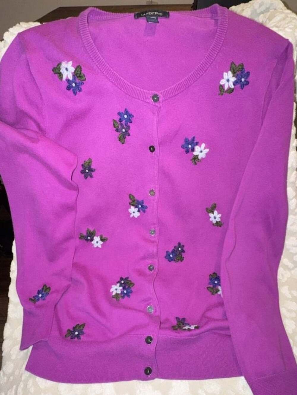 Lands End Pink Floral Embroidered Button-Front Cardigan Sweater Size L